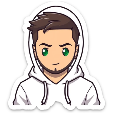 anime style male character with green eyes, dark brown undercut hairstyle, short beard, wearing white hoodie sticker