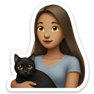 A girl with long brown hair holds a black cat in her arms. sticker