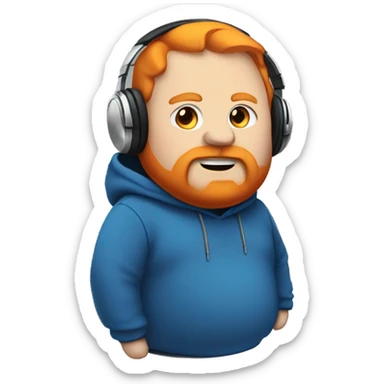 Fat man with hoodie over head with beard and orange hair with headphones and the hoodie is blue sticker