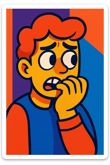 a person biting their nails, glancing sideways, showing both thoughtfulness and fear, colorful toon style sticker