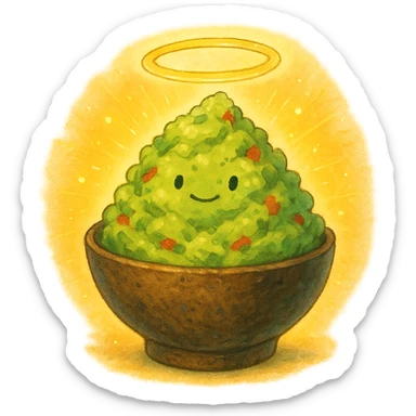 ghibli style holy guacamole, whimsical guacamole with a glowing aura and halo sticker