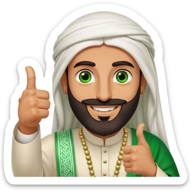 "Tanned Arab Saudi man with green eyes and a beard, wearing an agal and traditional attire, smiling happily and giving a big thumbs-up sticker