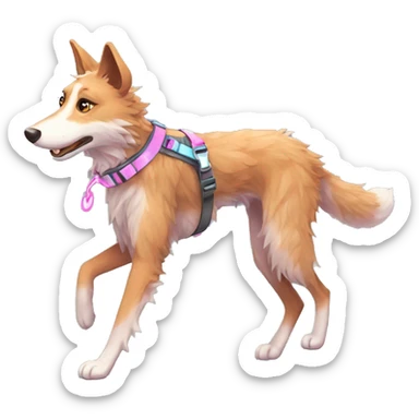  brindle fluffy lurcher fox blue eyes pink nose fluffy ears and holographic harness running sticker