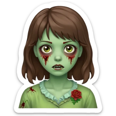 Uma menina zombie com um cabelo ondulado médio, com a franja pro lado esquerdo, o cabelo com cor castanho com a cor de pele verde  sticker