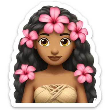 moana with long hair, long lashes and a hibiscuis pink flower on her hair sticker