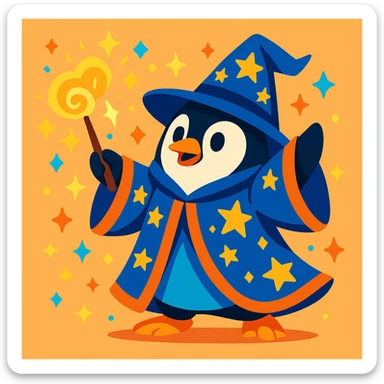 penguin wizard casting a spell, sparkles around, wearing a starry robe, vibrant toon style sticker