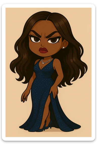Change the expression to angry for a 20-year-old anime Bratz style woman with dark skin, dark hair, glamorous evening wear, big expressive eyes, and glossy lips. Maintain the anime Bratz style and the described features. sticker