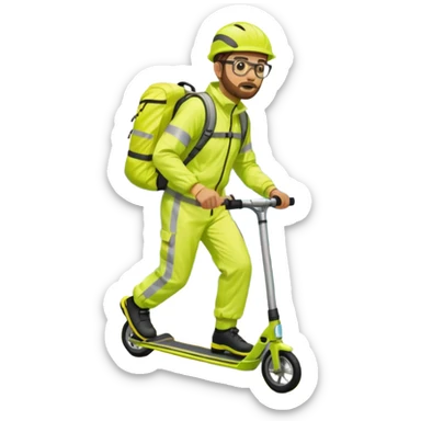 Man wearing a neon yellow high-vis waterproof suit with reflective stripes, carrying a large hiking backpack, standing on a stunt scooter. He has short brown hair, a trimmed beard, glasses, and is by the sea on a concrete platform. sticker