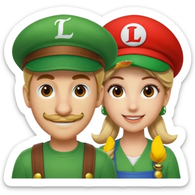 blonde female Luigi (with the Luigi green hat with an L on it) and a normal brown hair male Mario with the red hat with a M on it. They are friends just smiling. This video game sticker