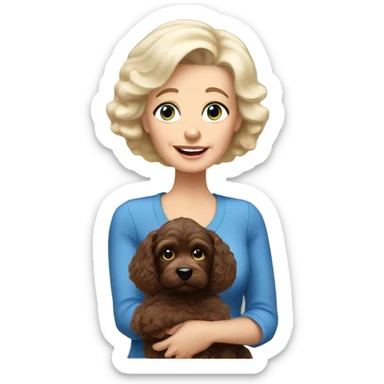 blue eyed old blonde lady with dark brown Cockapoo puppy dog sticker