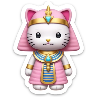 a Hello Kitty–style plush dressed as an Egyptian pharaoh, held by a hand, with a pyramid in the desert background, clear blue sky, natural light, shallow depth of field. sticker