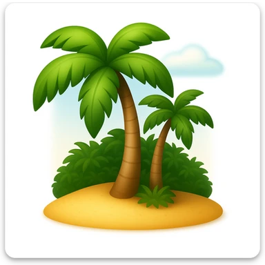 Create a beach emoji that looks exactly like the reference image in classic iOS emoji style. The emoji should have a 3D appearance with shiny, smooth gradients and soft shadows. Include palm trees and sand with the classic emoji look, emphasizing the 3D, shiny, smooth gradient style and soft shadows as seen in iOS emojis. Add a soft shadow under the palm trees to give depth and realism. sticker