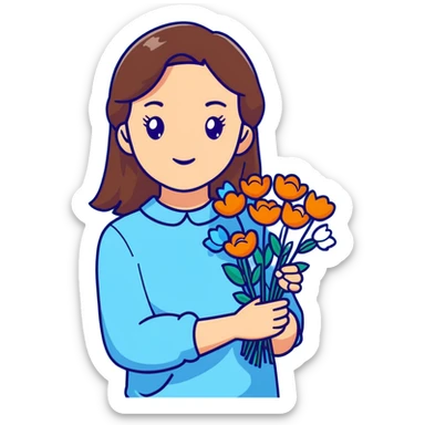 brunette girl with brown hair wearing pastel blue clothes holding flowers sticker