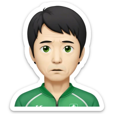 Seong Gi-hun : age 60, skinny and bony face, very small mouth, unkempt black hair and tired eyes, Green player tracksuit. sticker