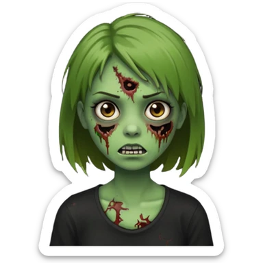 Zombie girl emoji verde com cabelo curto liso castanho no ombro com uma blusa preta sticker