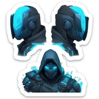 developer behind his laptop with this style : crysis Cyberpunk Riot Games Valorant neon glowing bright blue character blue black hooded assassin themed character sticker