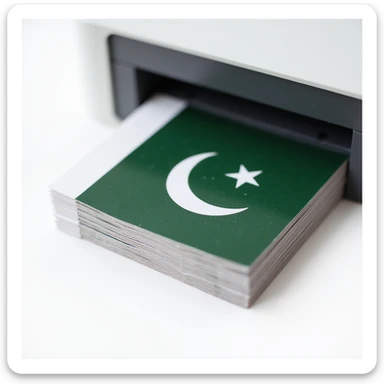 realistic thumbnail for a passport size photo print out service for Pakistan, close-up of a modern printer and a stack of printed passport size photos, with a green accent or Pakistani flag, on a white background sticker