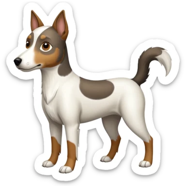 a full body large white floppy eared parson russell looking dog the size of a kelpie with light brown ears and a light brown patch on one eye and a large snout sticker