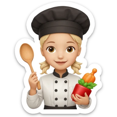 girl kid italian chef, uniform, holding toy sticker