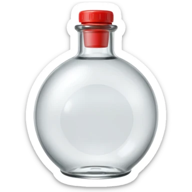 A 3D Apple-style clear glass bottle emoji, completely empty, smooth and shiny transparent surface, simple round body with a short neck and small cap, light reflections on the glass, clean minimal background. sticker