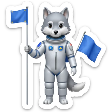 a wolf in space suit, holding blue rectangle flag, full body, front view sticker