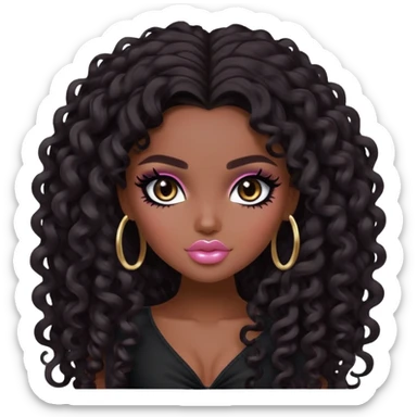  long curly dark hair, dark skin skin, dark brown eyes, pretty bratz baddie, black eyeliner, blush sticker