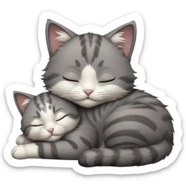 dark grey and white small cat with closed eyes, leaning his head on his paw while leaning on his elbow lying down sticker
