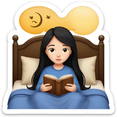 Girl black long hair reading book sleepy bed sticker