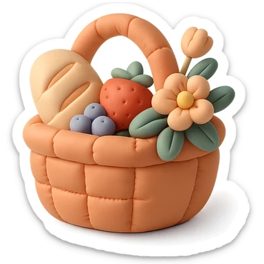 picnic basket with berries, bread, and flowers in warm pastel shades, cushion style sticker