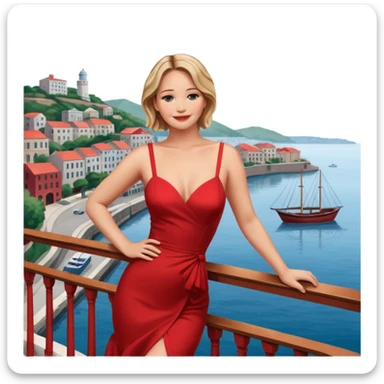 jennifer lawrence, closeup portrait , leaning on a balcony with a harbor and cityscape in the background, smiling, red dress  sticker