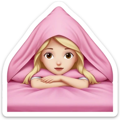 Girl laying on bed with pink covers over head sticker