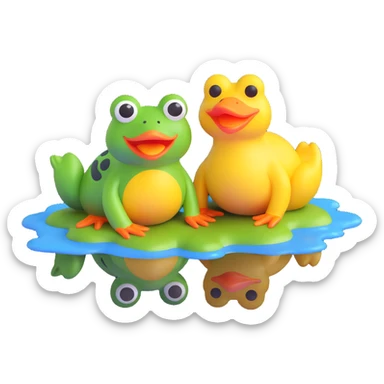 happy frog and duck together in a puddle, emoji style sticker