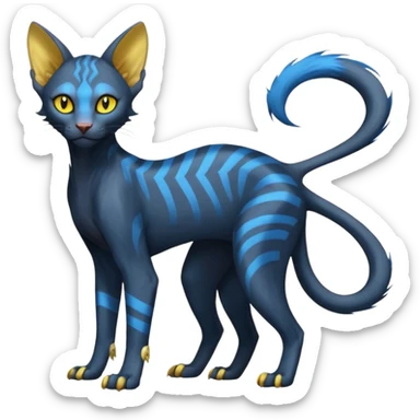 Lykoi-Electrike-Sphynx-Luxray-fusion-hybrid-animal-Fakémon-creature, full body, thin long sleek scaly tail, intricate markings sticker