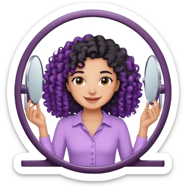 Um menina de cabelo cacheado preto com uma blusa lilás sorrindo se arrumando no espelho  sticker