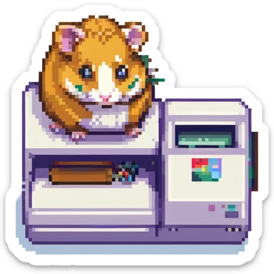 hamster standing on a printer, pixel art style sticker