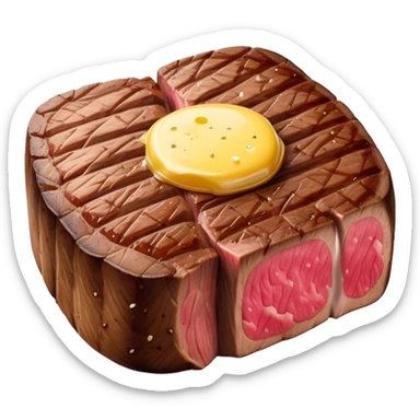 Cinematic thick-cut steak, perfectly seared with grill marks, a juicy pink center, butter melting on top, rich and savory, warm glow, sizzling and mouthwatering, highly detailed and appetizing. sticker