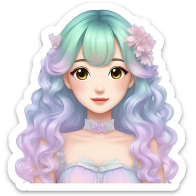 gorgeous pretty attractive anime lady beautiful pastel-gradient hair with a gorgeous dress fairycore cottagecore pastelcore detailed high quality trending VOGUE aesthetic sticker