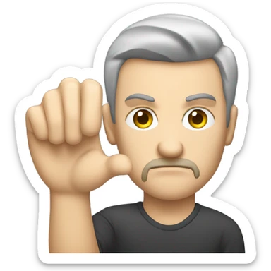 Caucasian Man sticking out his hand with money and a scowl sticker