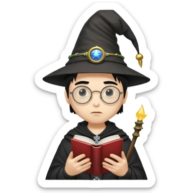 ["A sad boy with light skin, straight hair, wearing a wizard hat and round glasses, dressed in punk fashion, is reading a book while holding a phone."] sticker