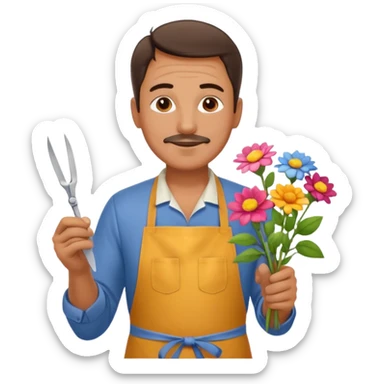 Middle-aged male florist – apron on, trimming stems with scissors sticker