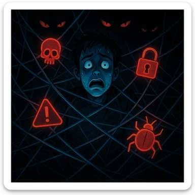 A frightened character trapped inside a web of wires and malware icons, with ominous eyes watching from the darkness, representing a cyber security nightmare. sticker