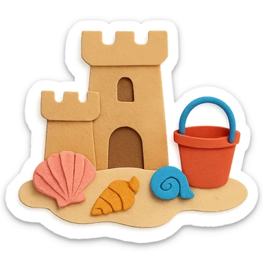sand castle with seashells and a small bucket, bright colors, paper-craft style sticker