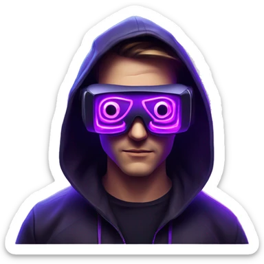 Russian man wearing a black hoodie with "OMG" letters on it and VR headset in a cyberpunk VR environment with violet neon lighting. sticker