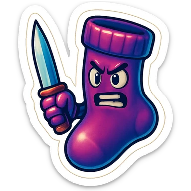 A purple sock with a clutch face, holding a knife, representing a clutch moment or intense gaming situation. sticker
