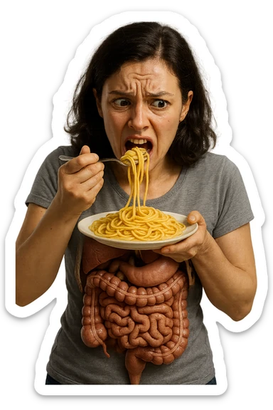 donna con  espressione ansiosa mentre mangia un piatto di pasta affamata, intestino anatomico visibile, iperrealistiche 4k sticker