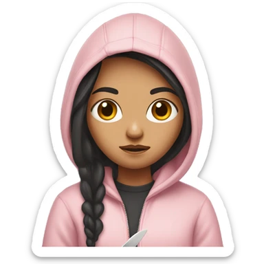 Girl with long dark hair in a light pink hoodie with a serious face holding a butter knife sticker