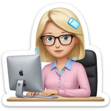 redattrice editoriale. Bionda, capelli lisci biondo scuro, lunghezza media. Occhi azzurri/blu con occhiali. è al pc a lavorare. Indossa una camicetta rosa chiaro sticker