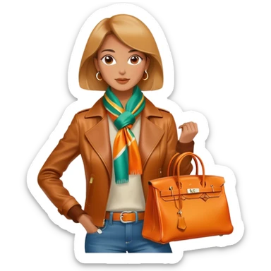 Elegant and tan woman wearing a leather Hermes jacket and a multicolored silk scarf around her neck. She has an orange Hermes Birkin Bag. I want the image to be close up, starting from the waist up.  sticker