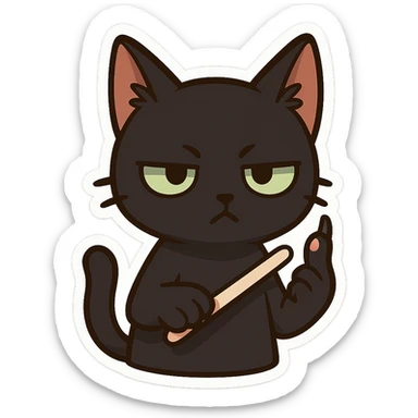 A black cat with an impatient expression, holding up its pinky finger and sharpening its claws with a nail knife sticker
