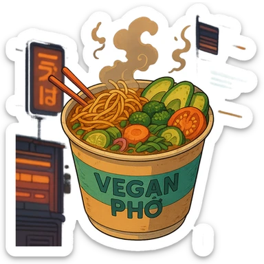 cyberpunk futuristic, scifi, a bowl of delicious VEGAN pho, ramen, 1990s, paper cup sticker